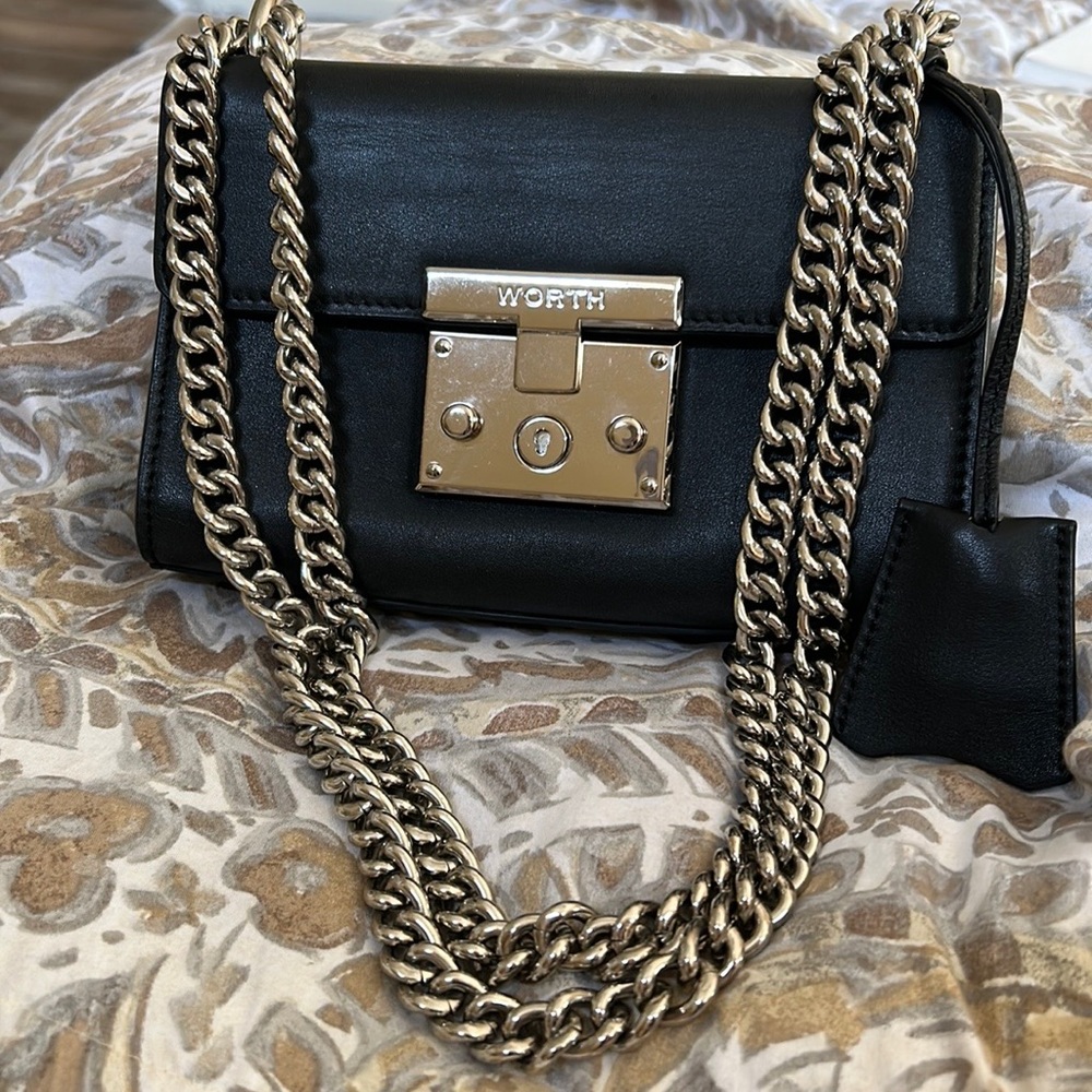 Worth New York Black Leather Padlock Chained Strap Bag